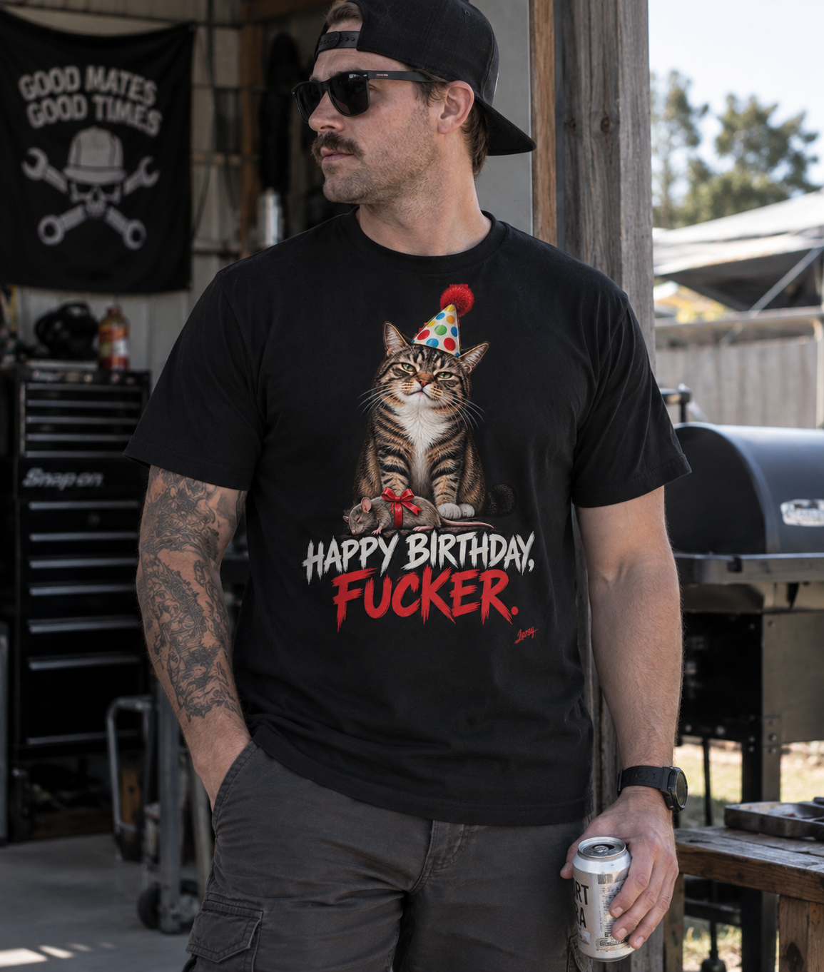 Birthday Cat T‑Shirt — “Happy Birthday Fucker” Funny Party Tee