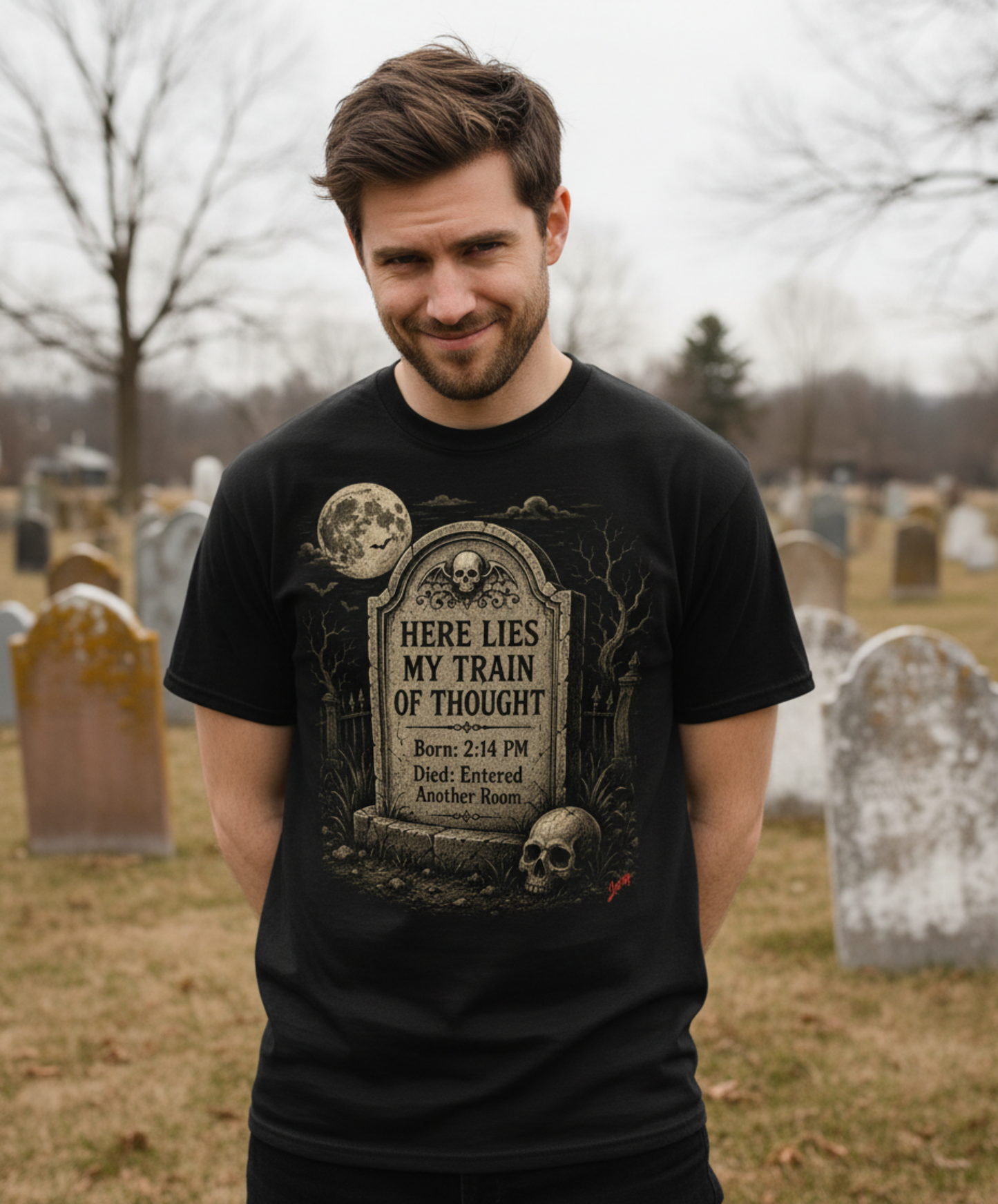 Funny ADHD Gravestone T shirt - Here Lies My Train of Thought Tombstone Tee – Funny Gothic Skull T-Shirt