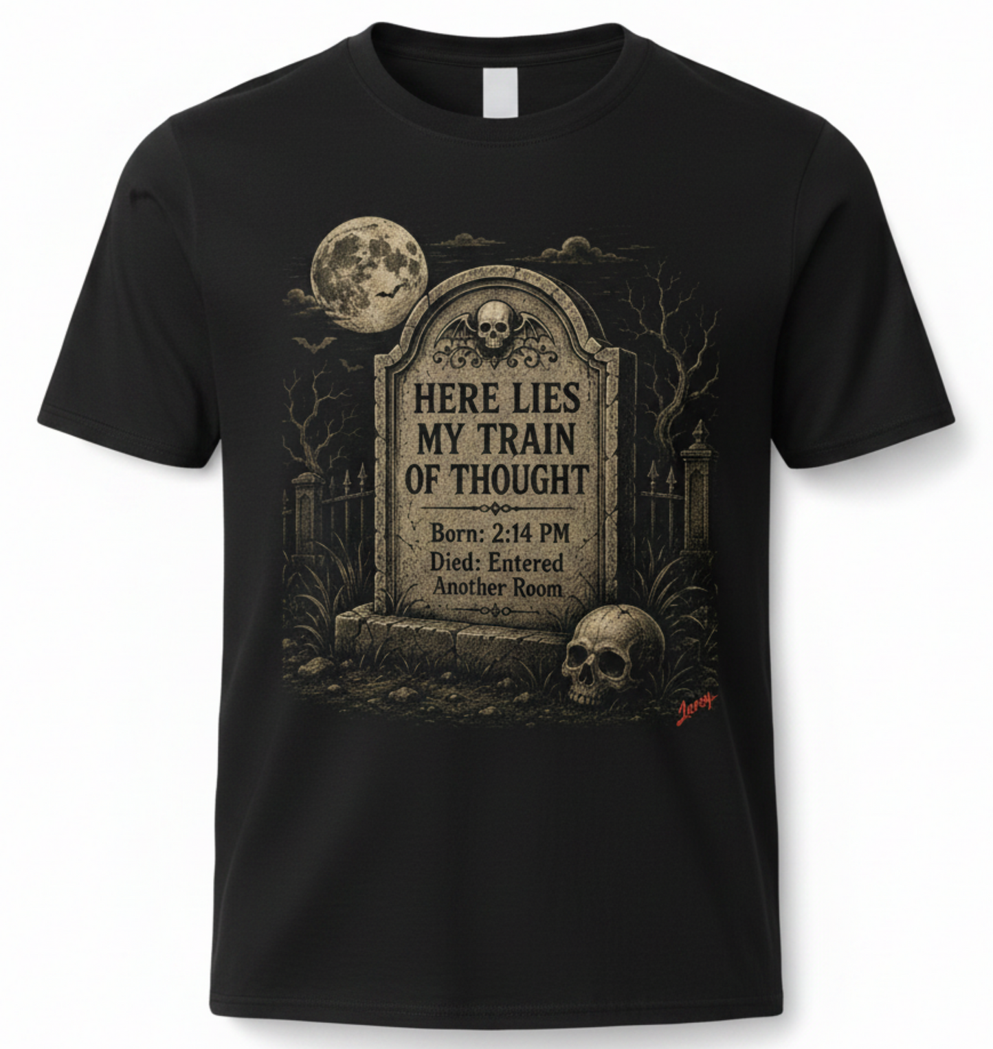 Funny ADHD Gravestone T shirt - Here Lies My Train of Thought Tombstone Tee – Funny Gothic Skull T-Shirt
